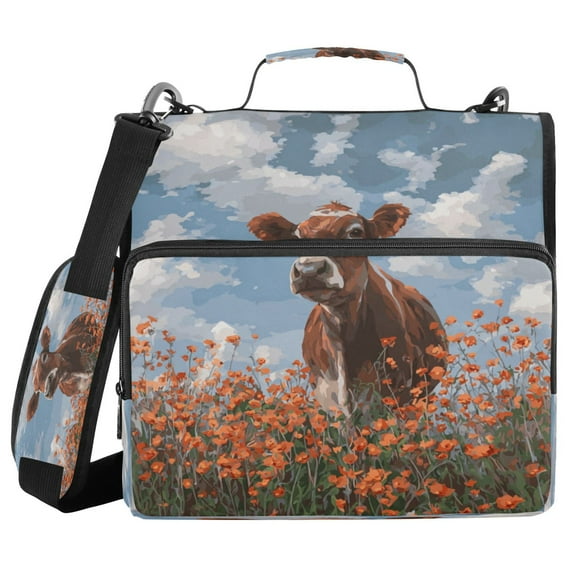 Water-Resistant 3-Ring Binder Organizer with Multiple Pockets Zipper Binder Bag for Office Brown Cow