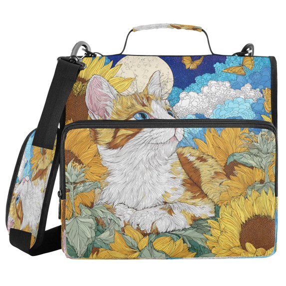 Water-Resistant 3-Ring Binder Organizer with Multiple Pockets Zipper Binder Bag for Office Cat Lies in The Sunflowers