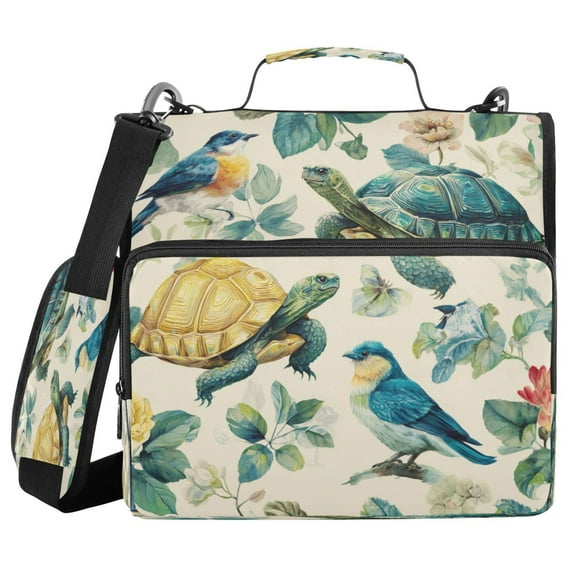 Water-Resistant 3-Ring Binder Organizer with Multiple Pockets Zipper Binder Bag for Office Colorful Turtles and Birds Pattern