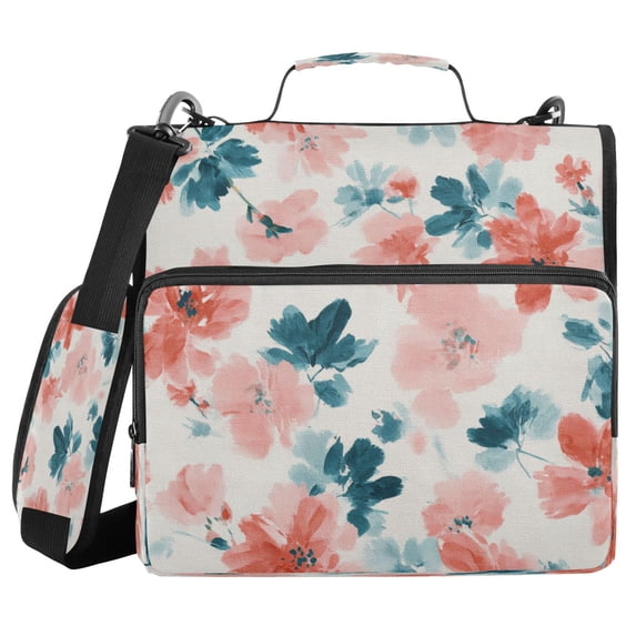 Water-Resistant 3-Ring Binder Organizer with Multiple Pockets Zipper Binder Bag for Office Coral and Teal Floral Pattern