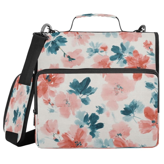 Water-Resistant 3-Ring Binder Organizer with Multiple Pockets Zipper Binder Bag for Office Coral and Teal Floral Pattern