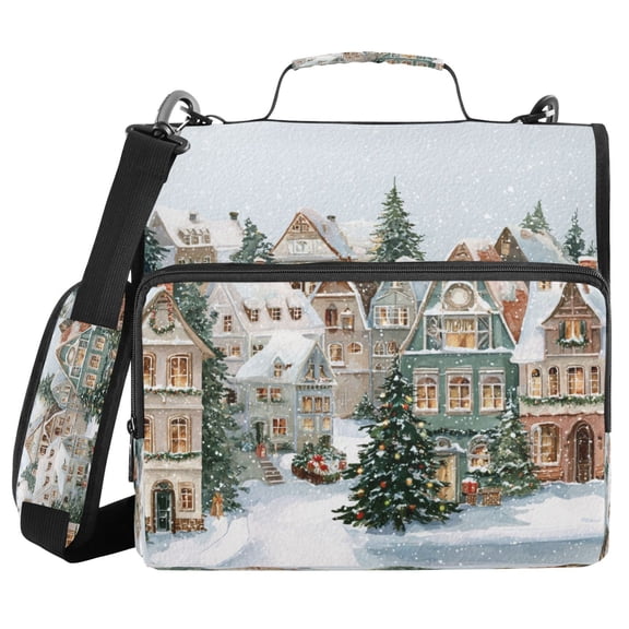Water-Resistant 3-Ring Binder Organizer with Multiple Pockets Zipper Binder Bag for Office Cozy Winter Town with Snow