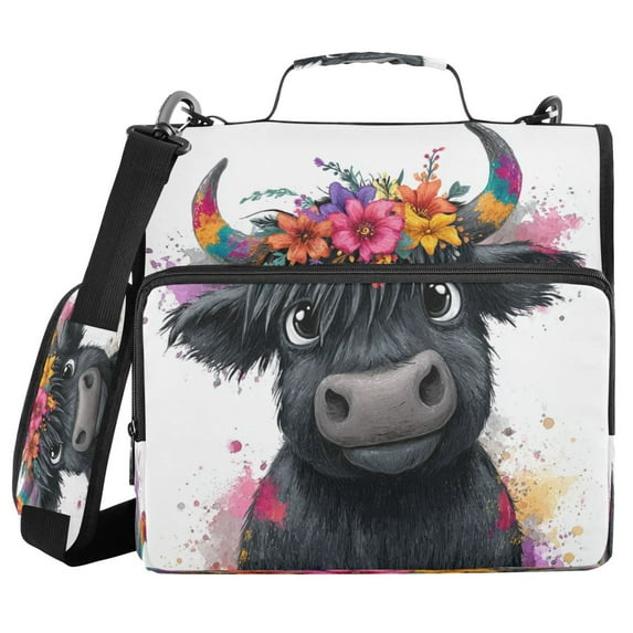Water-Resistant 3-Ring Binder Organizer with Multiple Pockets Zipper Binder Bag for Office Cute Black Cow