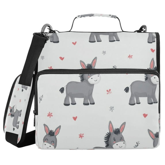 Water-Resistant 3-Ring Binder Organizer with Multiple Pockets Zipper Binder Bag for Office Grey Cute Donkeys Pattern