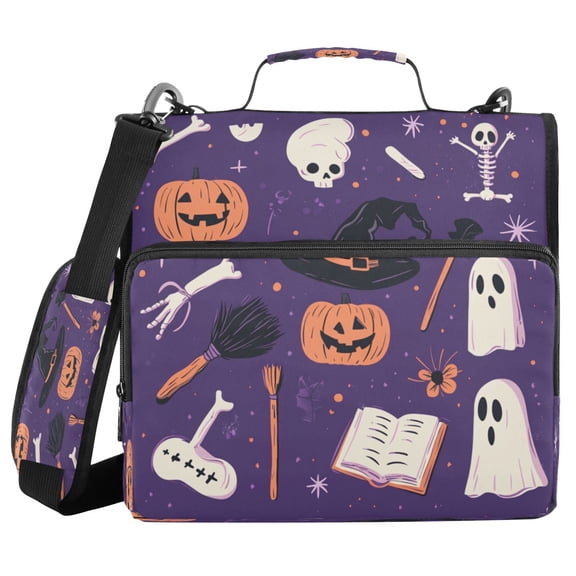 Water-Resistant 3-Ring Binder Organizer with Multiple Pockets Zipper Binder Bag for Office Halloween Elements with Pumpkin Skull