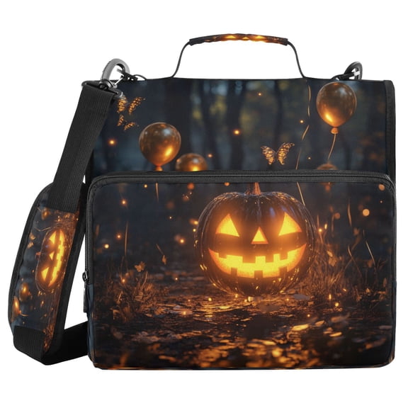 Water-Resistant 3-Ring Binder Organizer with Multiple Pockets Zipper Binder Bag for Office Halloween Pumpkin and Balloon