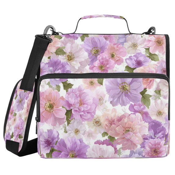 Water-Resistant 3-Ring Binder Organizer with Multiple Pockets Zipper Binder Bag for Office Lavender and Pink Flowers