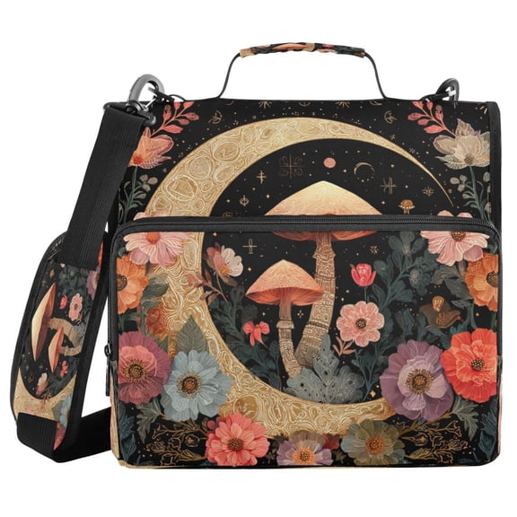 Water-Resistant 3-Ring Binder Organizer with Multiple Pockets Zipper Binder Bag for Office Mushroom and Crescent Moon