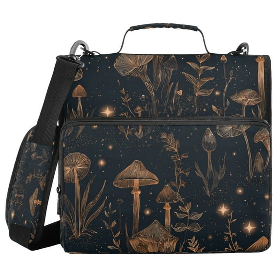 Water-Resistant 3-Ring Binder Organizer with Multiple Pockets Zipper Binder Bag for Office Mushrooms and Plants Pattern
