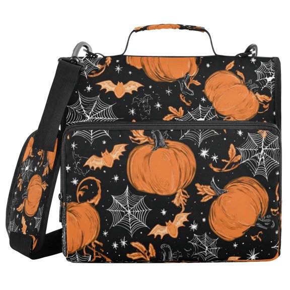 Water-Resistant 3-Ring Binder Organizer with Multiple Pockets Zipper Binder Bag for Office Orange Pumpkins and Spider Webs