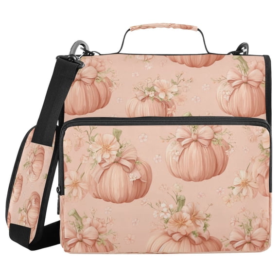 Water-Resistant 3-Ring Binder Organizer with Multiple Pockets Zipper Binder Bag for Office Pastel Pink Pumpkins and Flowers