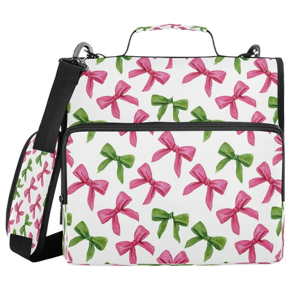 Water-Resistant 3-Ring Binder Organizer with Multiple Pockets Zipper Binder Bag for Office Pink Bows and Green Ribbons