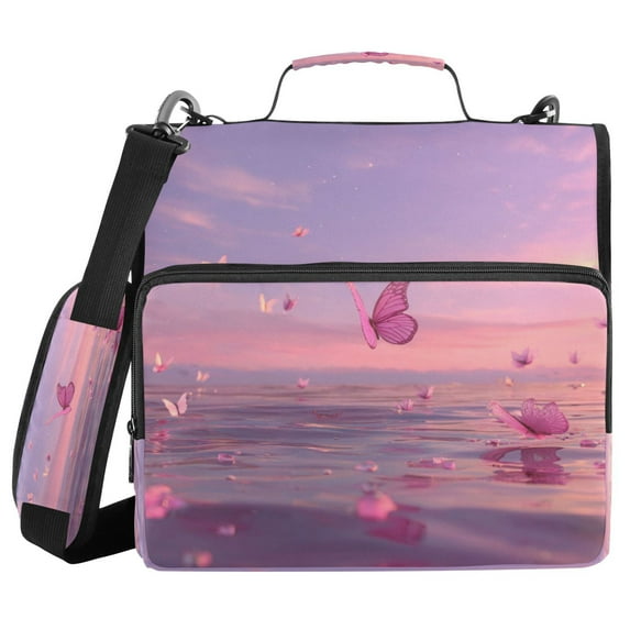 Water-Resistant 3-Ring Binder Organizer with Multiple Pockets Zipper Binder Bag for Office Pink Butterflies Flying