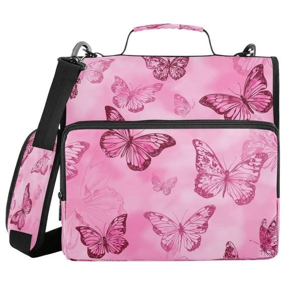 Water-Resistant 3-Ring Binder Organizer with Multiple Pockets Zipper Binder Bag for Office Pink Butterfly Pattern