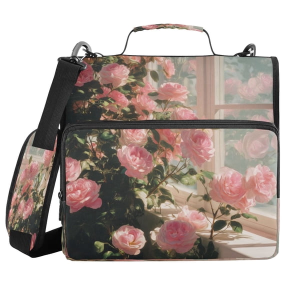 Water-Resistant 3-Ring Binder Organizer with Multiple Pockets Zipper Binder Bag for Office Pink Rose Bushes