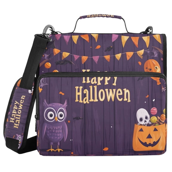 Water-Resistant 3-Ring Binder Organizer with Multiple Pockets Zipper Binder Bag for Office Purple Owl and Halloween Pattern