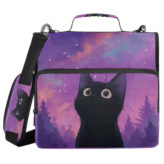 Water-Resistant 3-Ring Binder Organizer with Multiple Pockets Zipper Binder Bag for Office Purple Sky and Black Cat