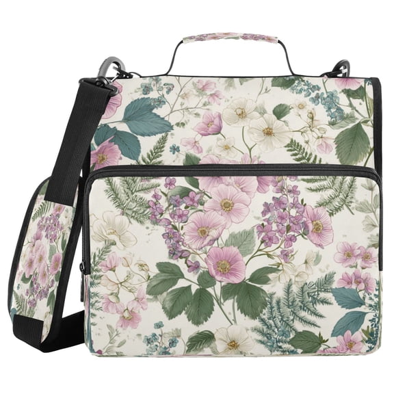 Water-Resistant 3-Ring Binder Organizer with Multiple Pockets Zipper Binder Bag for Office Retro Pink Flowers Pattern