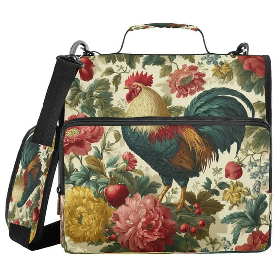 Water-Resistant 3-Ring Binder Organizer with Multiple Pockets Zipper Binder Bag for Office Rooster and Vintage Floral