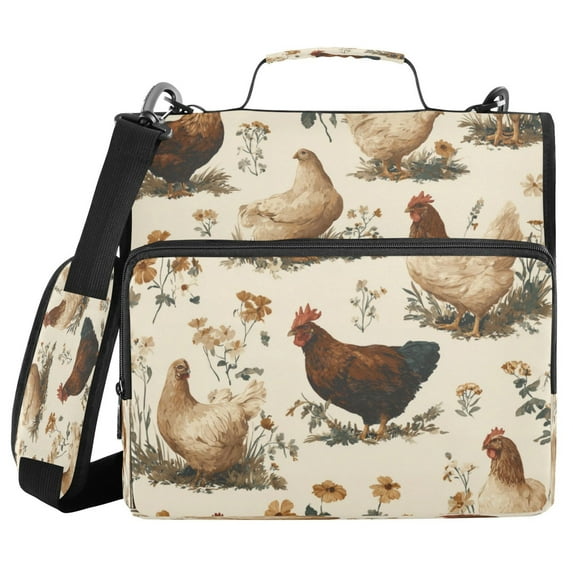 Water-Resistant 3-Ring Binder Organizer with Multiple Pockets Zipper Binder Bag for Office Various Poses Chickens Pattern