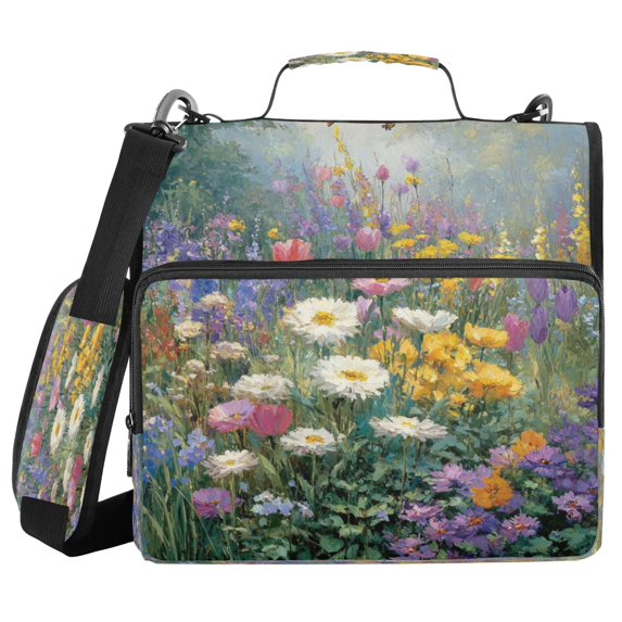 Water-Resistant 3-Ring Binder Organizer with Multiple Pockets Zipper Binder Bag for Office Vibrant Garden Filled