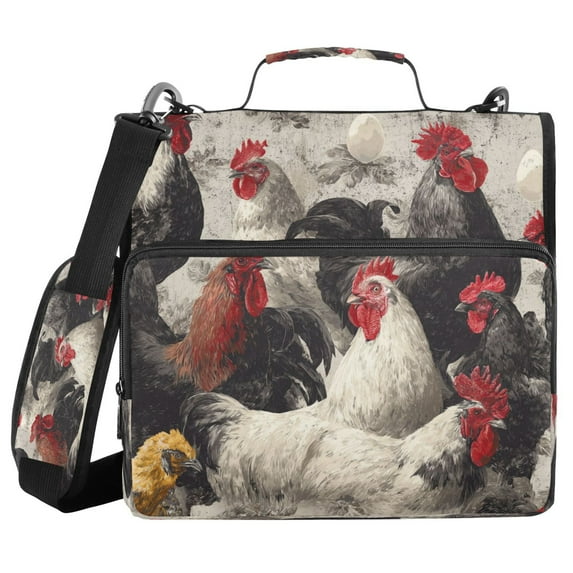 Water-Resistant 3-Ring Binder Organizer with Multiple Pockets Zipper Binder Bag for Office Vintage Black and White Chickens