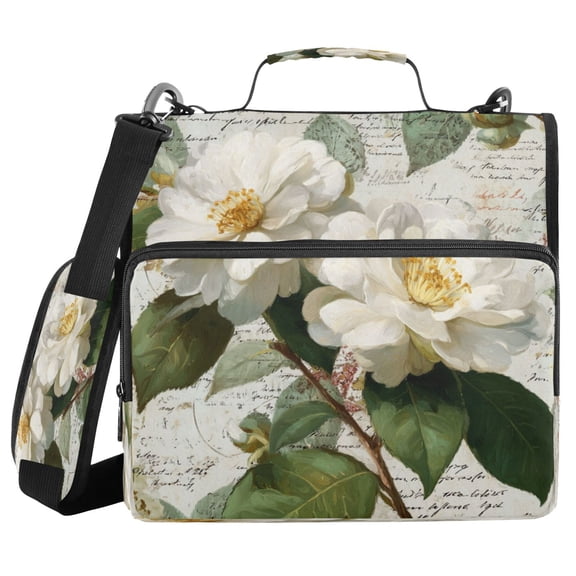 Water-Resistant 3-Ring Binder Organizer with Multiple Pockets Zipper Binder Bag for Office Vintage White Camellias