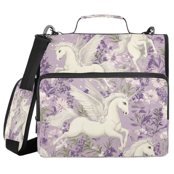 Water-Resistant 3-Ring Binder Organizer with Multiple Pockets Zipper Binder Bag for Office White Unicorns and Pegasi