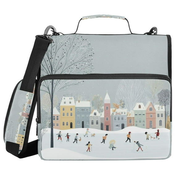 Water-Resistant 3-Ring Binder Organizer with Multiple Pockets Zipper Binder Bag for Office Winter Wonderland with Small Town