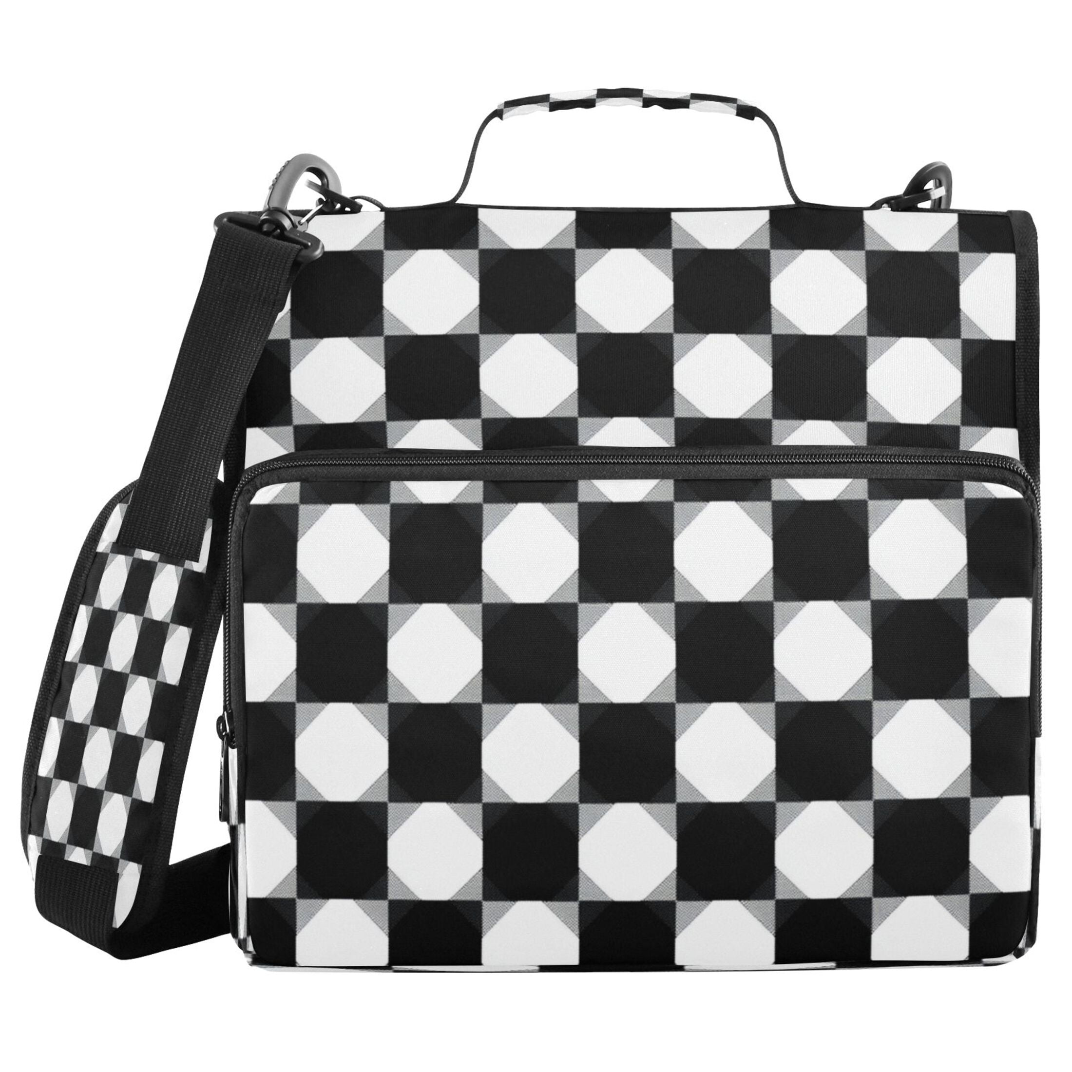 Water-Resistant 3-Ring Binder Organizer with Multiple Pockets Zipper Binder Bag for Office Black and White Gingham Pattern
