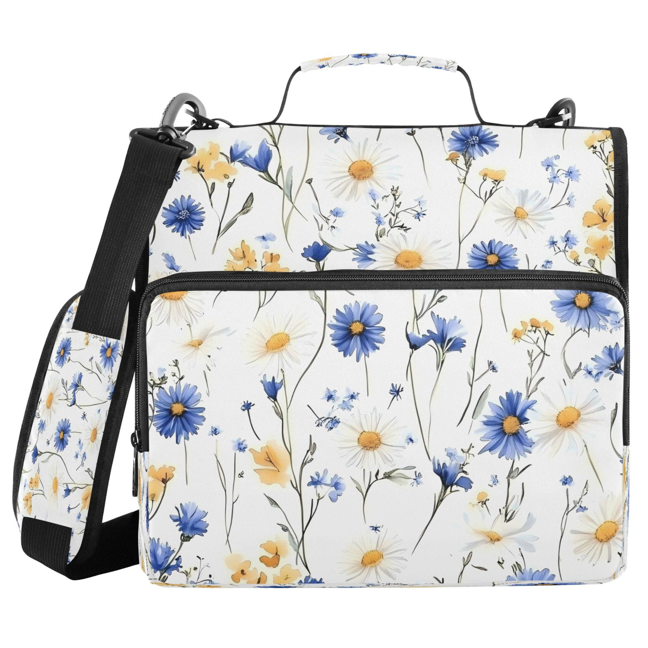 Water-Resistant 3-Ring Binder Organizer with Multiple Pockets Zipper Binder Bag for Office Blue and Yellow Wildflowers