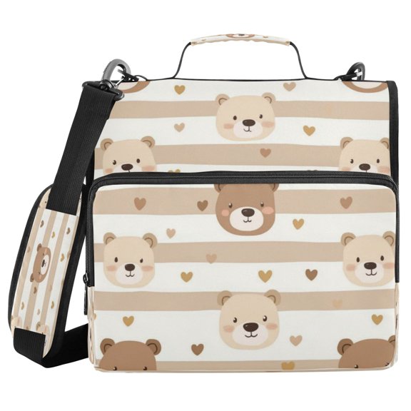 Water-Resistant 3-Ring Binder Organizer with Multiple Pockets Zipper Binder Bag for Office Cute Bear Face Pattern