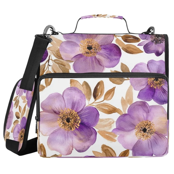 Water-Resistant 3-Ring Binder Organizer with Multiple Pockets Zipper Binder Bag for Office Purple and Gold Watercolor Floral