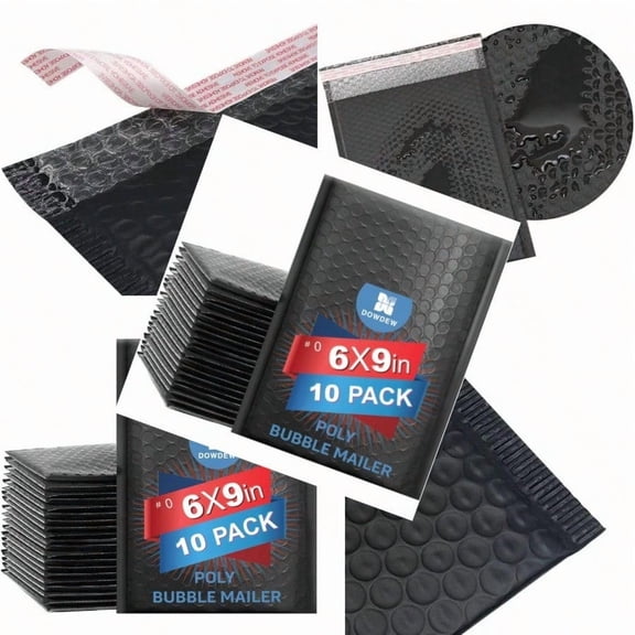 Water Resistant Bubble Envelope Mailers [10 Pack] 6 inch x 9 inch 0 Black Poly Padded Shipping Envelopes Self Sealing Cushioned Packaging Bags