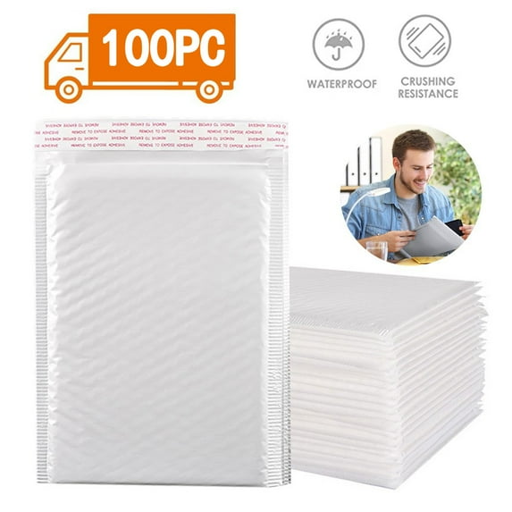 Water Resistant Bubble Envelope Mailers, Bubble Lined Poly Mailer, White Poly Padded Shipping Envelopes, Self Sealing Cushioned Packaging Bags, 100 Pcs, 5.9x4.33"
