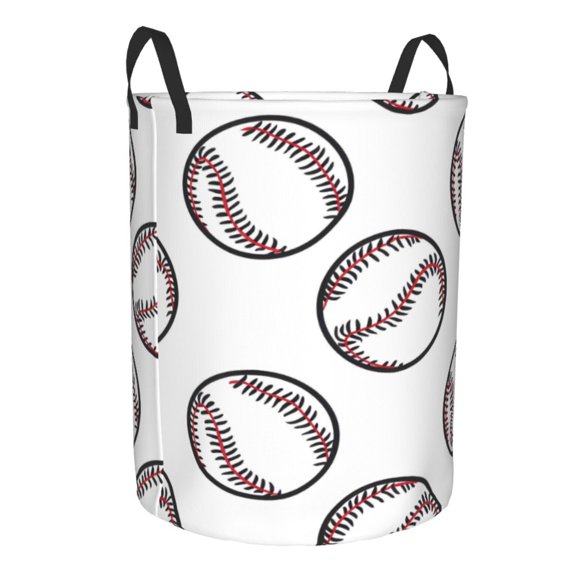 Water Resistant Circular Hamper Oxford Fabric Laundry Basket With Handles Sturdy Stand Up For Bathroom Bedroom Closet Travel Baseball Theme Sporty Dynamic Style