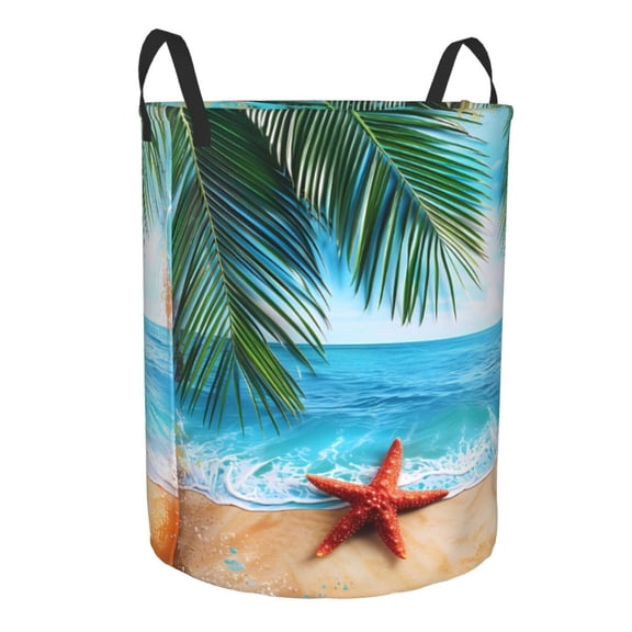 Water Resistant Circular Hamper Oxford Fabric Laundry Basket With Handles Sturdy Stand Up For Bathroom Bedroom Closet Travel Beach Palm Leaf Starfish (9) (1)