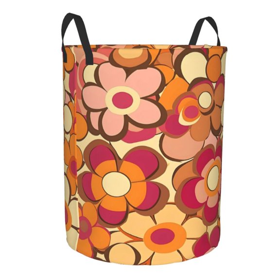 Water Resistant Circular Hamper Oxford Fabric Laundry Basket With Handles Sturdy Stand Up For Bathroom Bedroom Closet Travel Retro Groovy Flowers Pattern (13)
