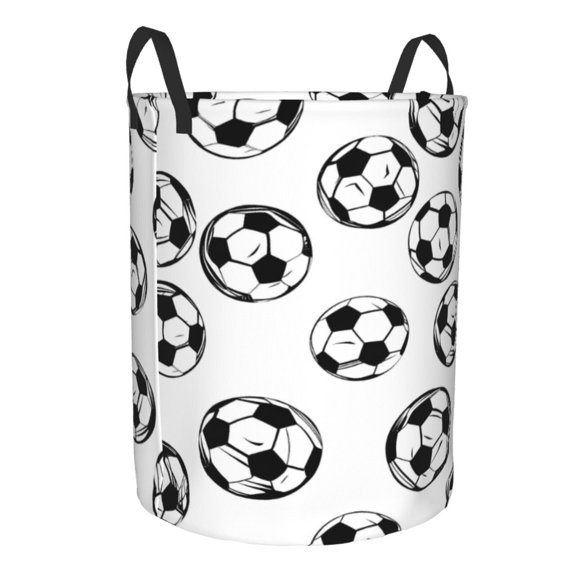 Water Resistant Circular Hamper Oxford Fabric Laundry Basket With Handles Sturdy Stand Up For Bathroom Bedroom Closet Travel Seamless Pattern Soccer Football Theme