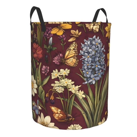 Water Resistant Circular Hamper Oxford Fabric Laundry Basket With Handles Sturdy Stand Up For Bathroom Bedroom Closet Travel Spring Flowers Hyacinths Daffodil Butterflies Bees
