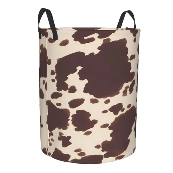 Water Resistant Circular Hamper Oxford Fabric Laundry Basket With Handles Sturdy Stand Up For Bathroom Bedroom Closet Travel Dark Brown Cow Pattern