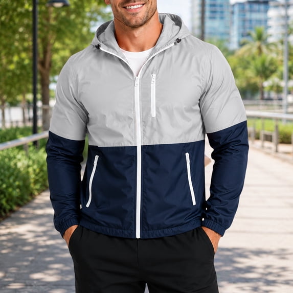 Water Resistant Color Block Windbreaker Jacket for Men, Adjustable Hood Zip Up Light Coat for Weekend Jogging Sports Light Ashy XXXL