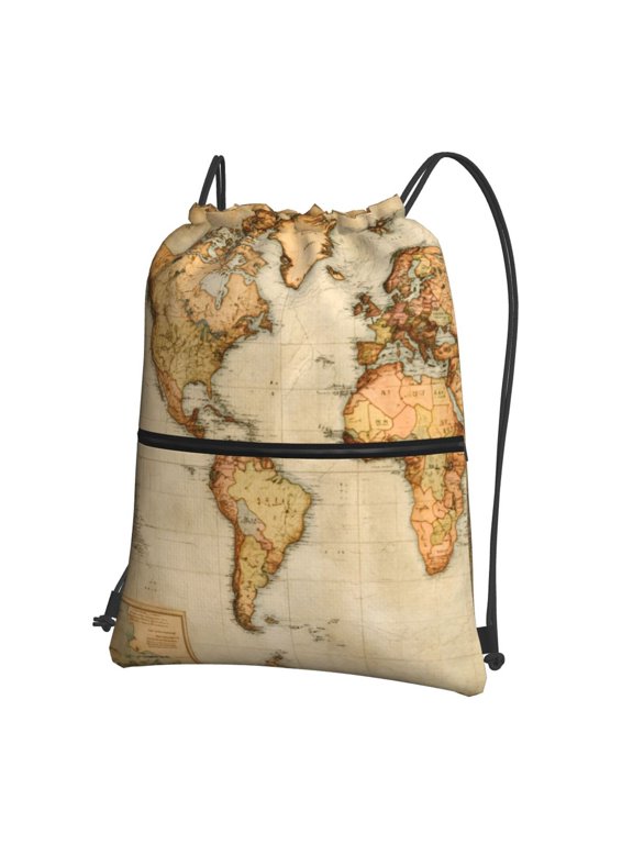 Water Resistant Drawstring Backpack Vintage Style World Map Men Women Shopping Sport Yoga Bag