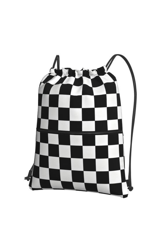 Water Resistant Drawstring Backpack White And Black Checkered Pattern Men Women Shopping Sport Yoga Bag