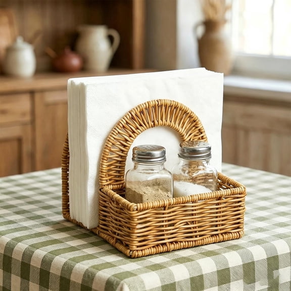 Water Resistant Imitation Rattan Caddy, Combined Napkin and Condiment Container for Restaurant Counter, Kitchen and Outdoor Picnic Table Supply Storage