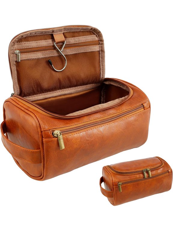 Water-Resistant Leather Toiletry Bag for Men, Large Travel Wash Bag Shaving Dopp Kit Bathroom Gym Toiletries Makeup Organizer with Handle for Travel, Men Gift, 25x13x13 cm