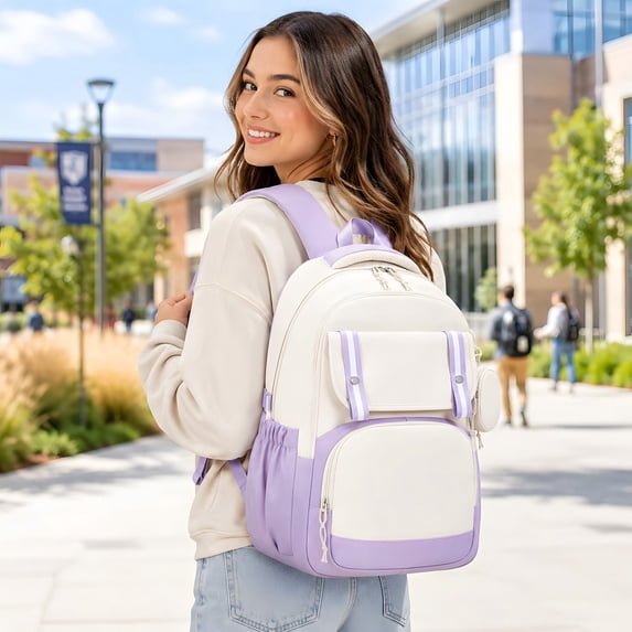 Water Resistant Lightweight Large College School Backpack, Padded Breathable Shoulder Straps Bookbag Equipped with Coin Purse Purple