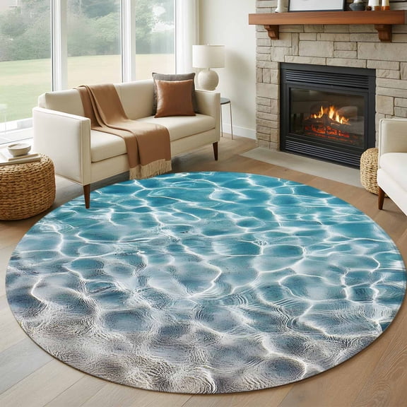 Water Ripple 7FT Round Area Rugs for Living Room Ocean Art Realistic Sea Sand Ultra-Thin Non-Slip Round Rugs Machine Washable Low Pile Circle Carpet for Bedroom Kitchen Nursery