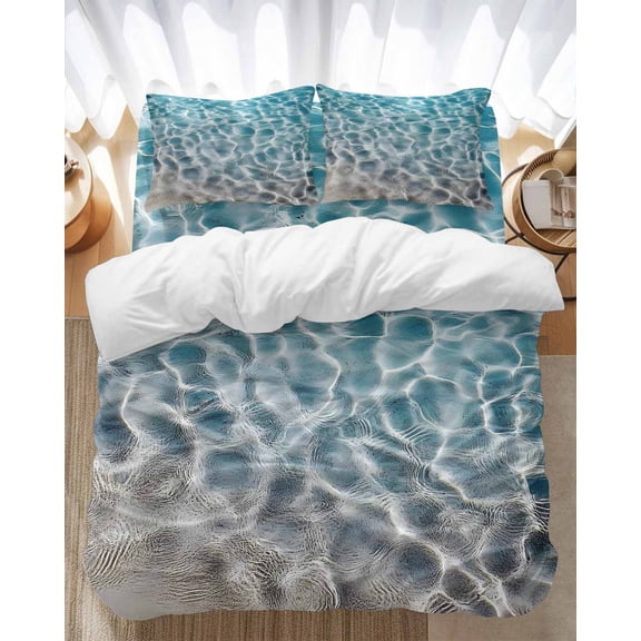 Water Ripple Bedding Duvet Cover Set King Size 4 Pieces Ocean Art Realistic Sea Sand Bedding Set with Zipper Closure, 1 Comforter Cover 92x106 Inches 1 Flat Sheet & 2 Pillow Cases