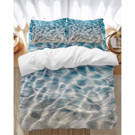 Water Ripple Bedding Duvet Cover Set Queen Size 4 Pieces Summer Ocean Beach Sand Seabed Bedding Set with Zipper Closure, 1 Comforter Cover 90x90 Inches 1 Flat Sheet & 2 Pillow Cases